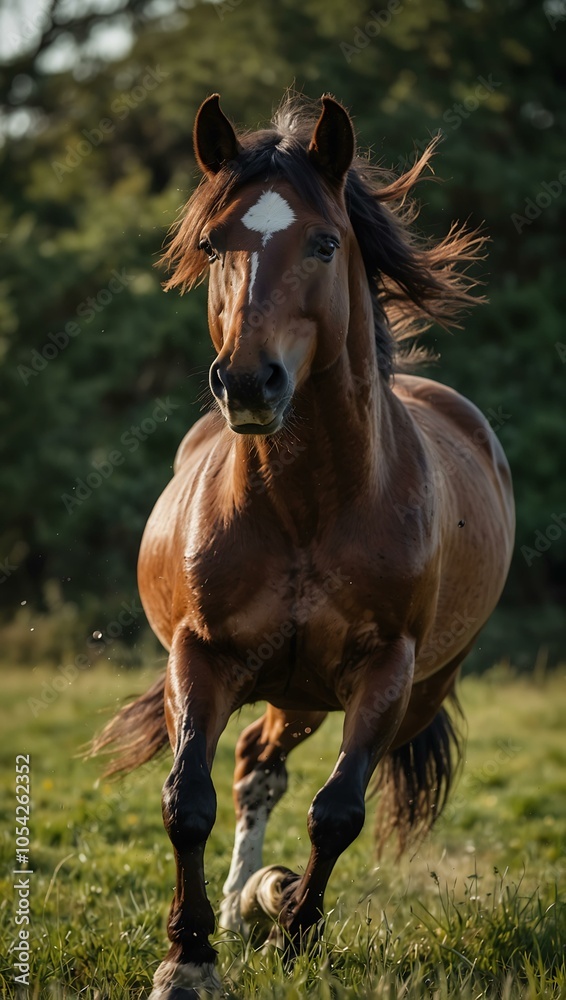 Obraz premium Majestic wild horse galloping towards the camera on green grass.
