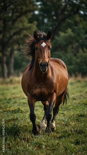 Majestic wild horse galloping towards the camera on green grass.