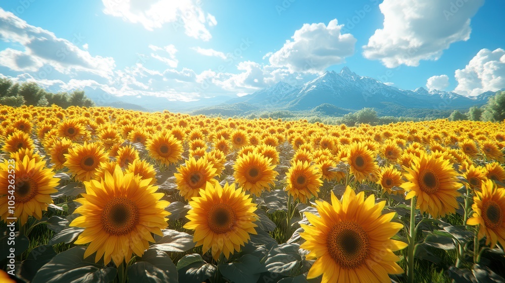 Fototapeta premium A 4K ultra-detailed shot of a sunflower field in full bloom under a bright blue sky.