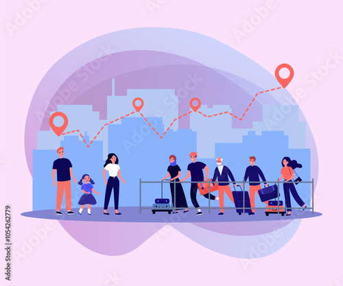 People migrating due to climate vector illustration. Happy people with suitcases moving to different country, route on map. Migration and climate crisis, resettlement of people concept