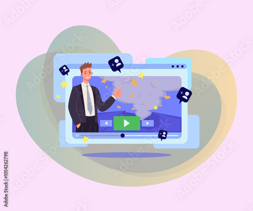 Reporter talking about war on social media platform. Video window with angry man pointing at explosion, influence on public opinion vector illustration. State propaganda, media, politics concept