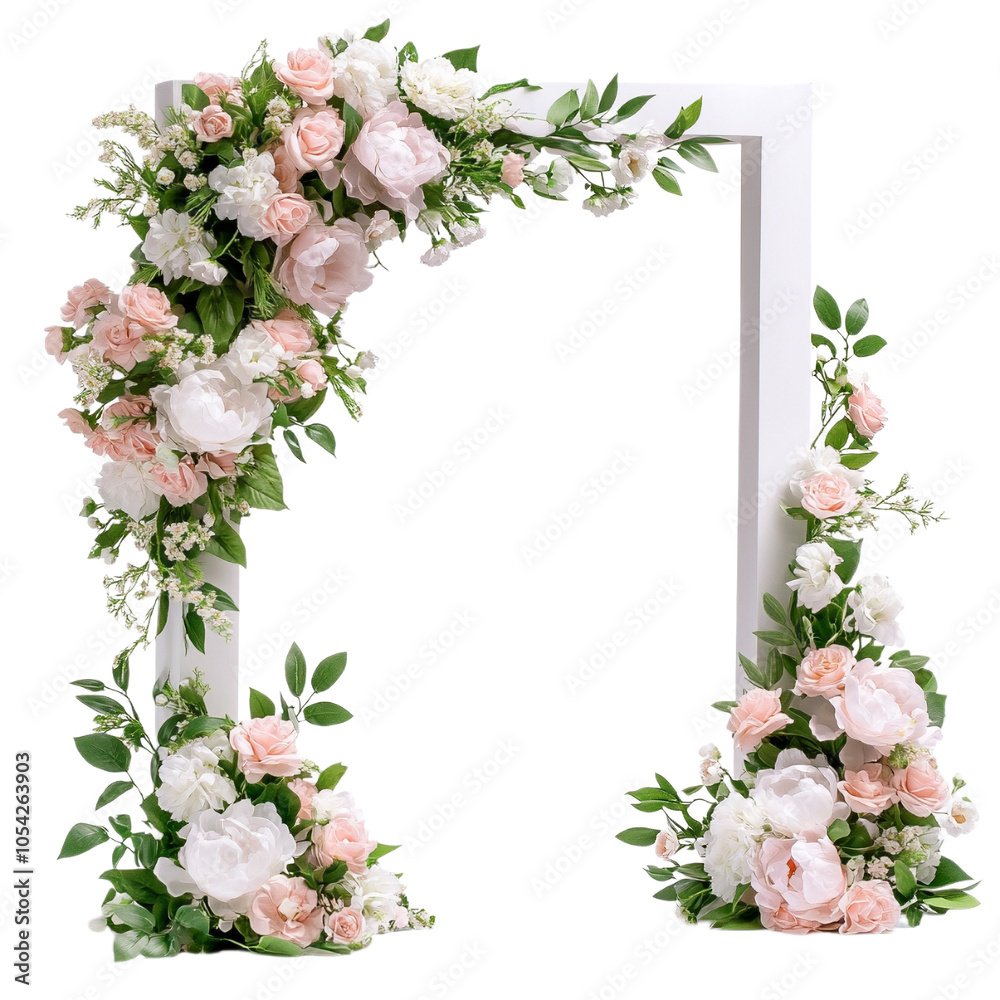 Fototapeta premium Wedding arch with pink and white fresh flowers on a transparent background.