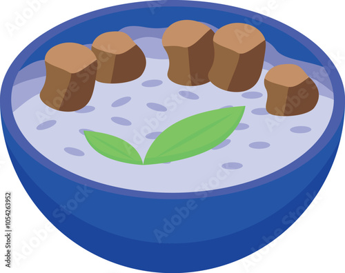 Bubur sumsum, a sweet coconut rice porridge, served with palm sugar and pandan leaves, representing indonesian cuisine