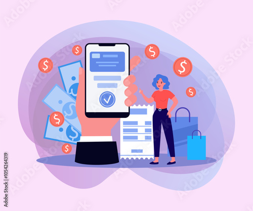 Young woman paying invoice online vector illustration. Customer using mobile banking services and transactions during shopping. Electronic receipt, cashless payment concept