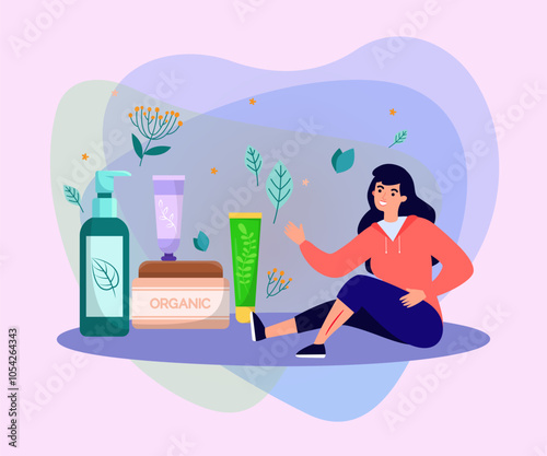 Woman with scar on leg choosing effective treatment vector illustration. Different cosmetic products, herbal creams for scar care. Treatment and beauty concept