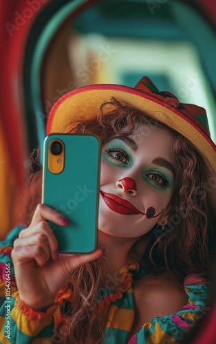 Close-up selfie of a woman clown with hat that holding a colorful phone. She is smiling at the mirror and seems happy.