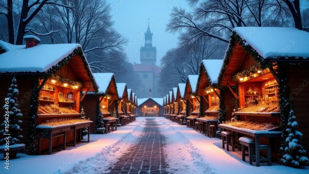 Obraz premium Holiday fairs in Europe. Snow-covered Christmas market stalls line a serene, wintery pathway, glowing warmly under softly lit lanterns, surrounded by snow-laden trees.