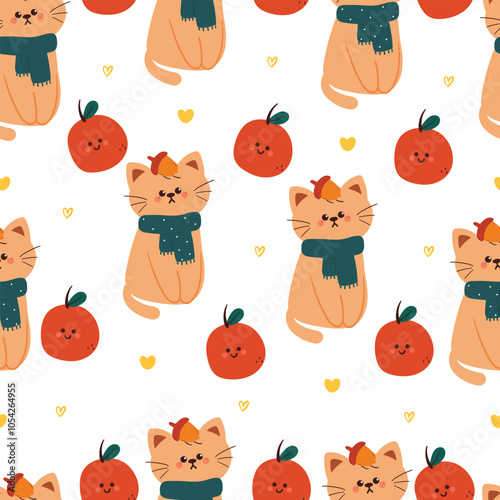 seamless pattern cartoon cat wearing green scarf with orange. cute animal wallpaper for fabric print, gift wrap paper