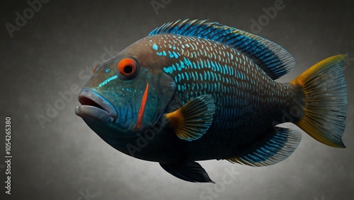 Mystic portrait of Palenose Parrotfish, close-up on black background, white space on right. photo