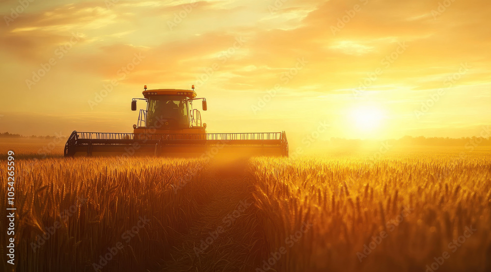 Fototapeta premium combine harvester working in golden wheat field at sunset, creating serene agricultural scene. warm light enhances beauty of landscape