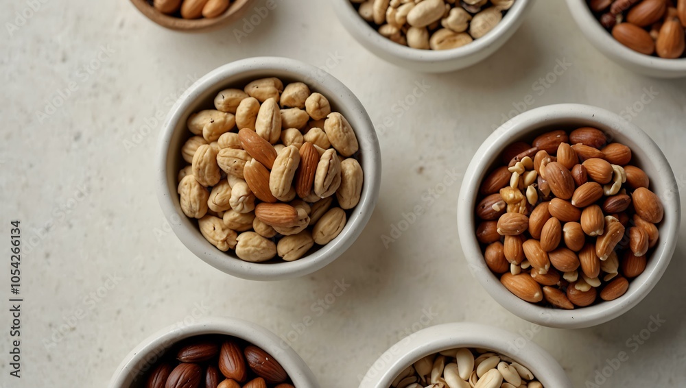 Fototapeta premium Nuts and seeds arranged in small bowls on a clean white table.