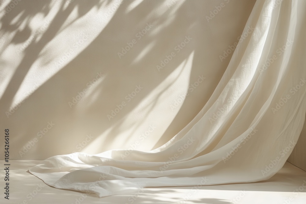 Fototapeta premium Elegant light cream canvas for showcasing items, highlighting the soft interplay of illumination and shade cast by curtain textures on the surface