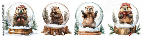 Four adorable beavers, each wearing a festive red hat and scarf, are nestled in snow globes, symbolizing winter, warmth, and joy. The watercolor illustration captures the spirit of Christmas with a wh