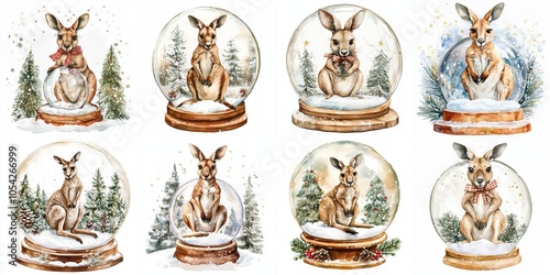 Adorable watercolor illustration featuring eight kangaroos in snow globes, celebrating Christmas. Each kangaroo is depicted in a festive setting with snow, pine trees, and Christmas ornaments, evoking