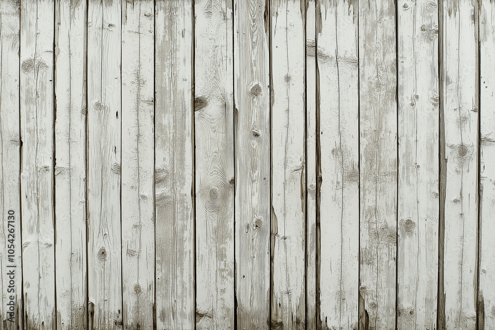 Fototapeta premium Weathered wooden planks painted white create a rustic charm in a serene, sunlit setting. Generative AI
