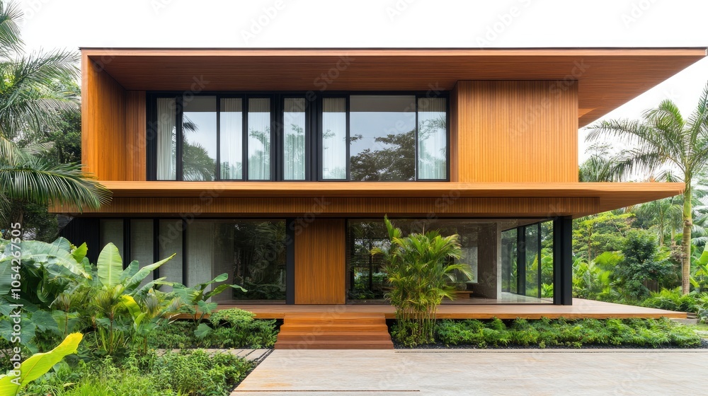 Fototapeta premium Modern Tropical House with Natural Ventilation - A tropical-style modern house isolated on a white background, showcasing wooden materials, large windows,