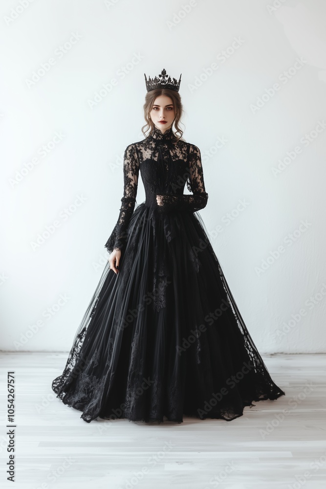 Elegant Woman in a Stunning Black Gown and Crown Posing Gracefully in a Minimalist Indoor Setting During the Daytime Elegant Woman in a Stunning Black Gown and Crown Posing Gracefully in a Minimalist Indoor Setting During the Daytime