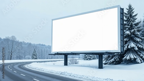 White empty billboard near the road, snowy winter, clean and minimalist design, large and empty, ready for custom text or graphics. horizontal advertisement mockup