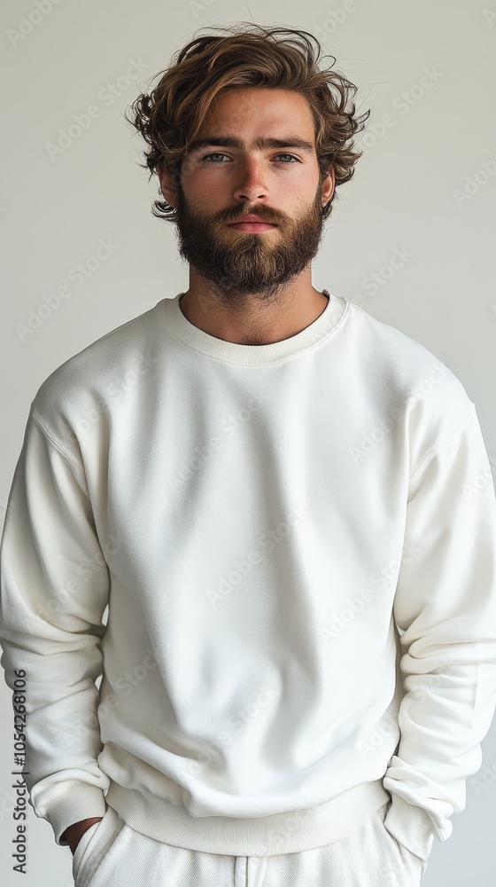Fototapeta premium Scandinavian man with beard in white blank sweatshirt on light background, mockup. mock up, template, for design