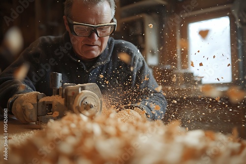 joiner at work, cutting wood by a buzz saw
