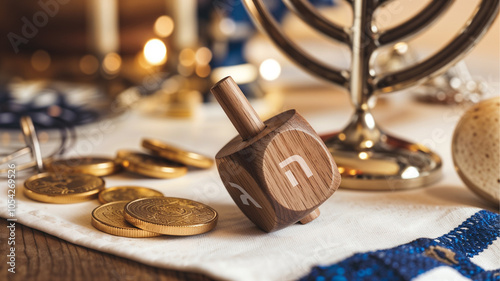 Hanukkah display featuring a wooden dreidel, gelt coins, and a menorah