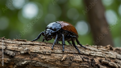 Rhinoceros beetle on a tree (macro shot).