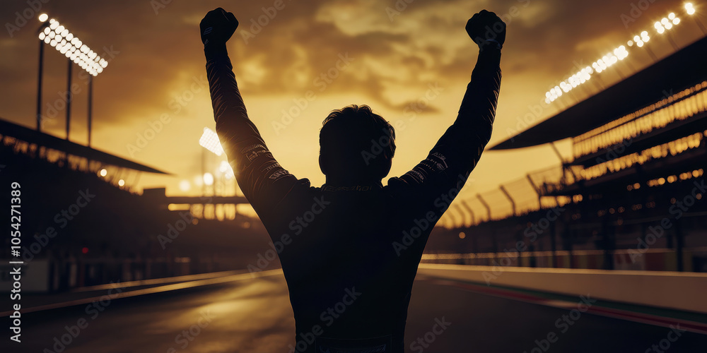 Fototapeta premium Silhouette of victorious race car driver celebrating at sunset, arms raised in triumph, with racetrack and stadium lights in background, capturing thrill of victory