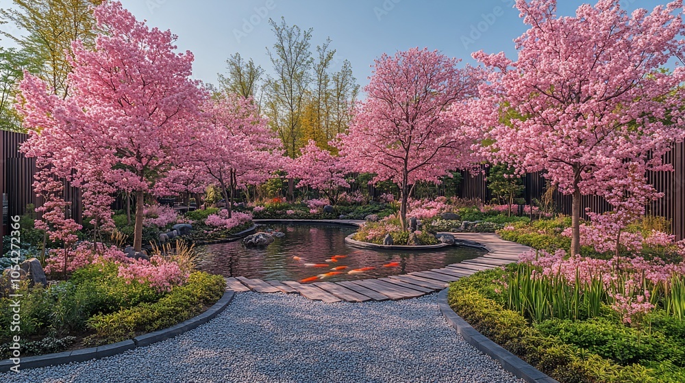 Obraz premium A serene Japanese garden with a koi pond surrounded by blooming cherry blossom trees and a stone path.