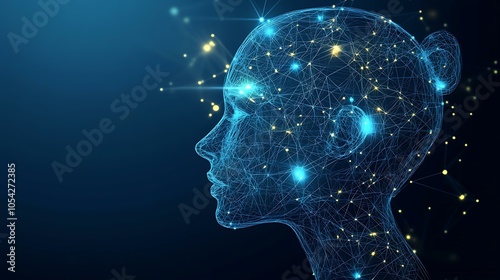 Futuristic AI head model with blueprint wireframe structure and glowing nodes