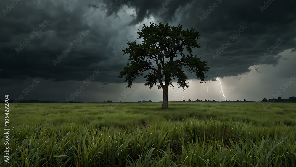 Fototapeta premium Small tree in a grass field during a storm