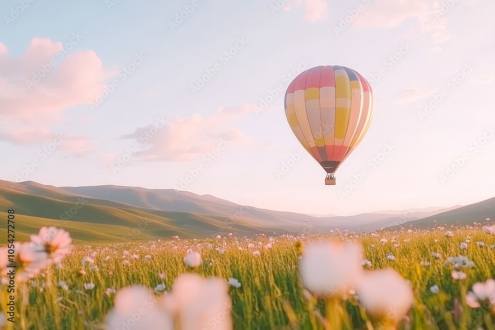 Fototapeta premium Serene Hot Air Balloon Ride Over Vibrant Meadow
