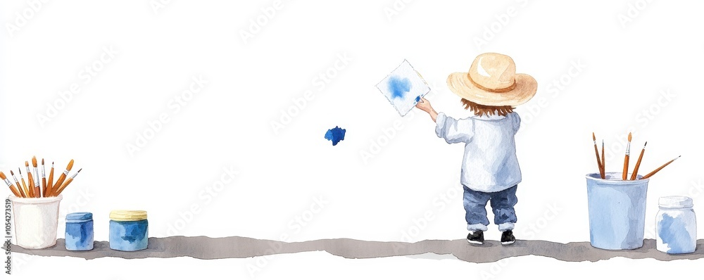 Obraz premium A child in a straw hat playfully splashes paint while surrounded by buckets and brushes, embodying creativity and imagination.