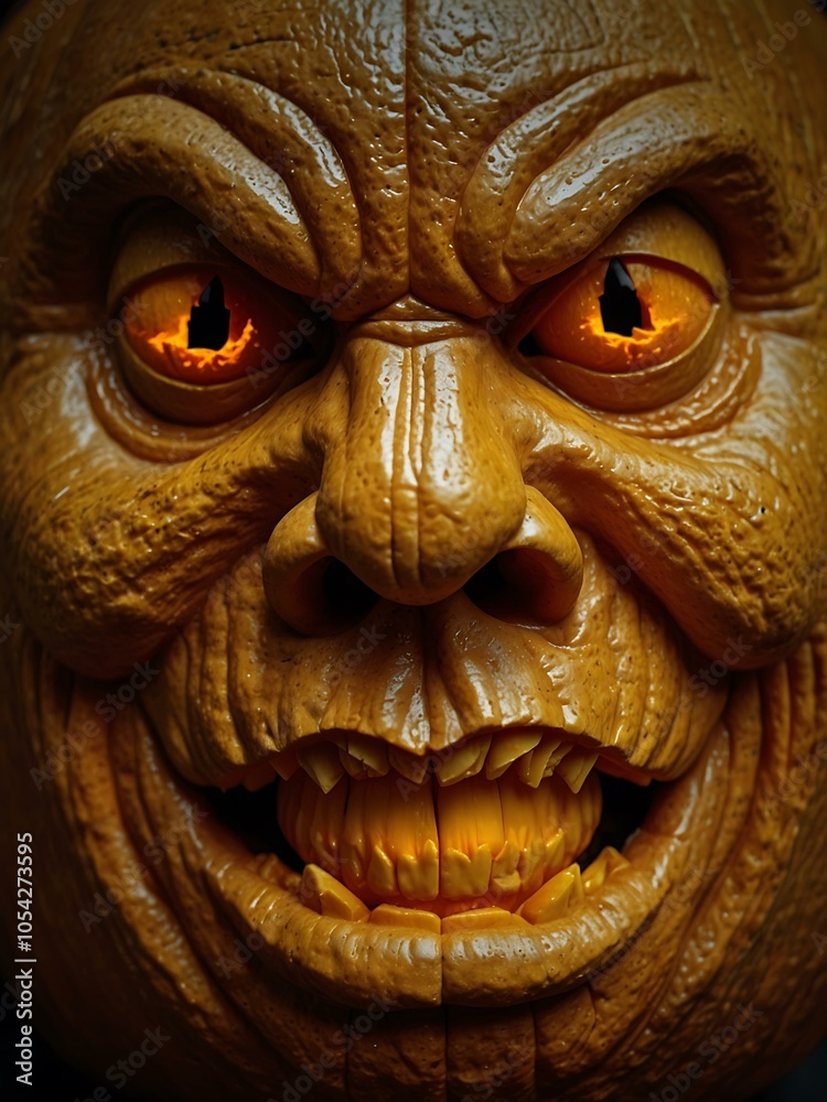Spooky Halloween jack-o'-lantern with a scary carved face.