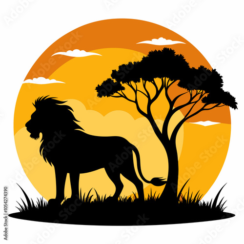 Lion silhouette in savanna on white background