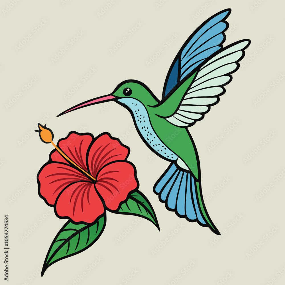 Obraz premium A delicate hummingbird sips nectar from a hibiscus