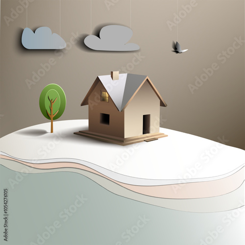 A cartoon scene with a house, a tree, and a river below. Vector illustration