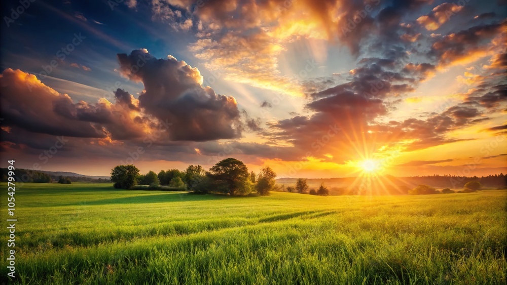 Fototapeta premium Warm summer sunset over fields of lush green grass silhouette