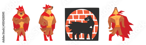 Dog Superhero Character in Red Cape and Mask Vector Set
