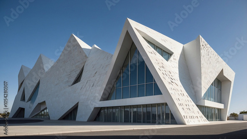 Futuristic Architecture with Geometric Triangular Panels Against Clear Sky