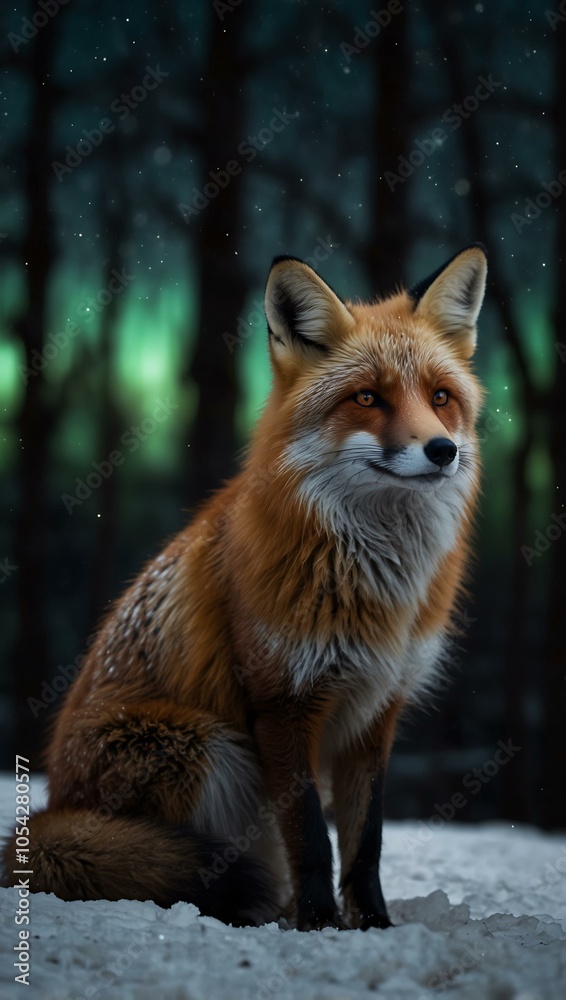 Fototapeta premium A fox with fur shimmering like the northern lights in a dark forest.