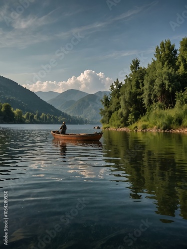 A fisherman on a boat casting lines at Bovan Lake near Sokobanja. photo