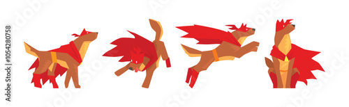 Dog Superhero Character in Red Cape and Mask Vector Set