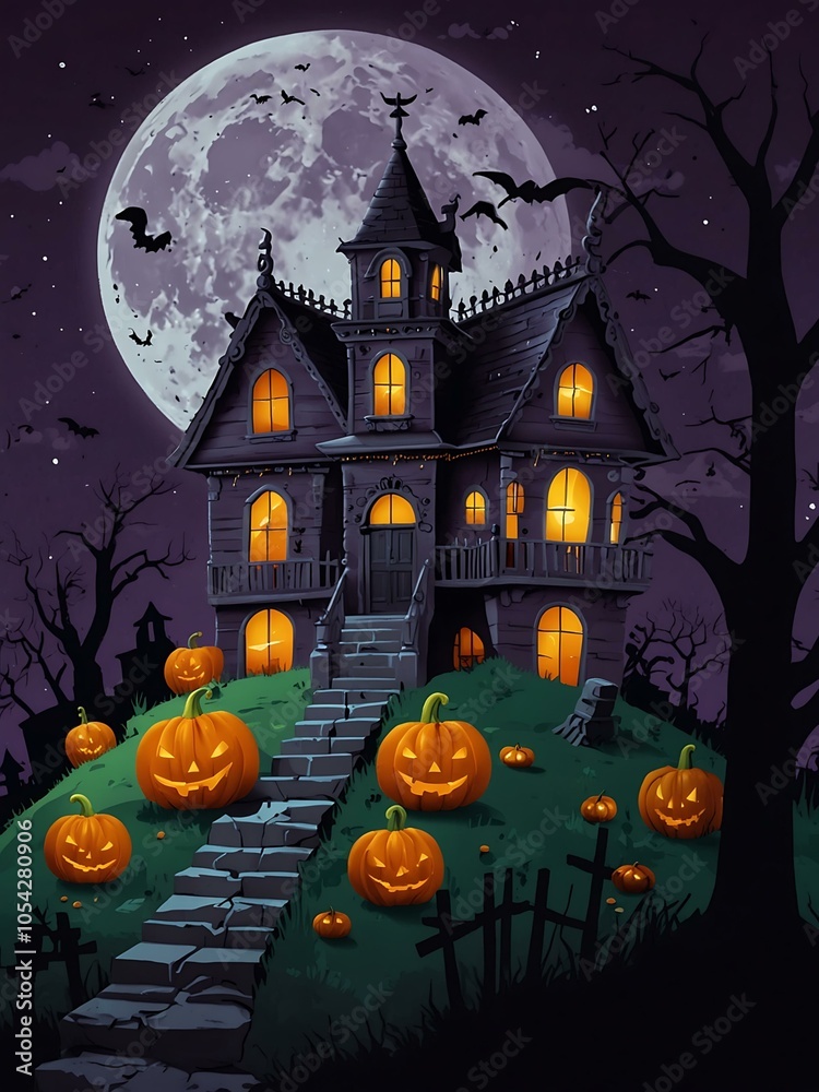 Fototapeta premium A Halloween illustration with a haunted house, ghosts, pumpkins, and a full moon on a purple background.