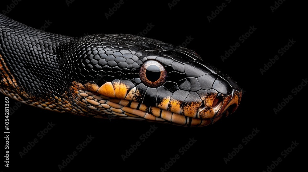 Fototapeta premium Close-up of a Black Snake on a Dark Background