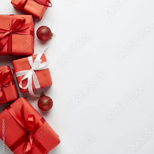 A boarder of brightly colored Christmas gift boxes adorned with elegant ribbons against a white background 