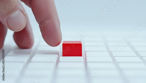 A clean, strategic layout where a hand selects a red block from a field of white blocks, representing intentionality and impactful decision-making. photo