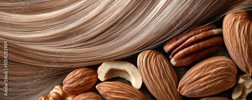 A close-up of flowing, shiny hair adorned with various nuts like almonds, pecans, and walnuts, representing the benefits of nut oils and nutrients for hair strength and vitality. photo