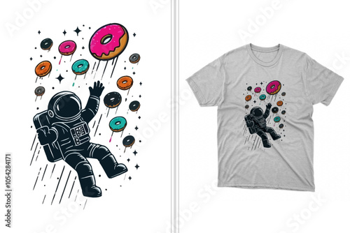 Astronaut grabbing floating donuts in space, playful vector t shirt design