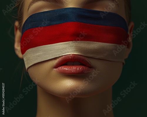 A conceptual close-up of a woman with her eyes covered by a red, white, and blue blindfold, symbolizing themes of patriotism and hidden truths.