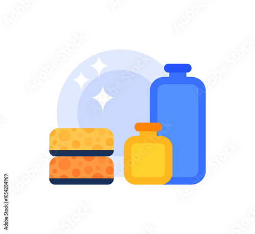 Dishes with sponges and liquid gel soap. Color flat cartoon style. White background. Vector illustration for cleaning house.